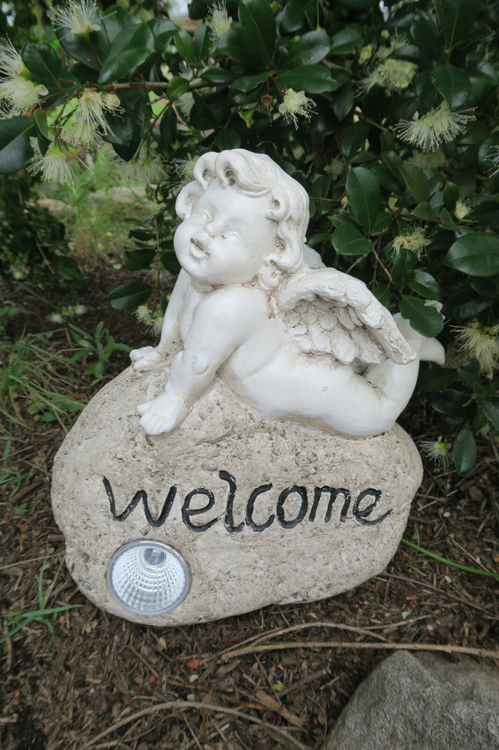 Cherub with Welcome Sign Solar Powered Statue Ornament Home Garden Decor