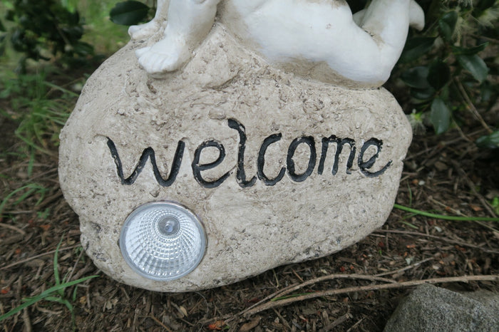Cherub with Welcome Sign Solar Powered Statue Ornament Home Garden Decor