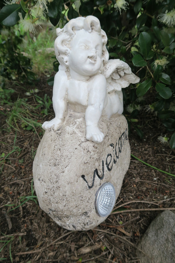 Cherub with Welcome Sign Solar Powered Statue Ornament Home Garden Decor