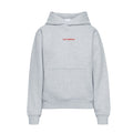 Gray fleece hoodie with Chi Omega red wordmark embroidery