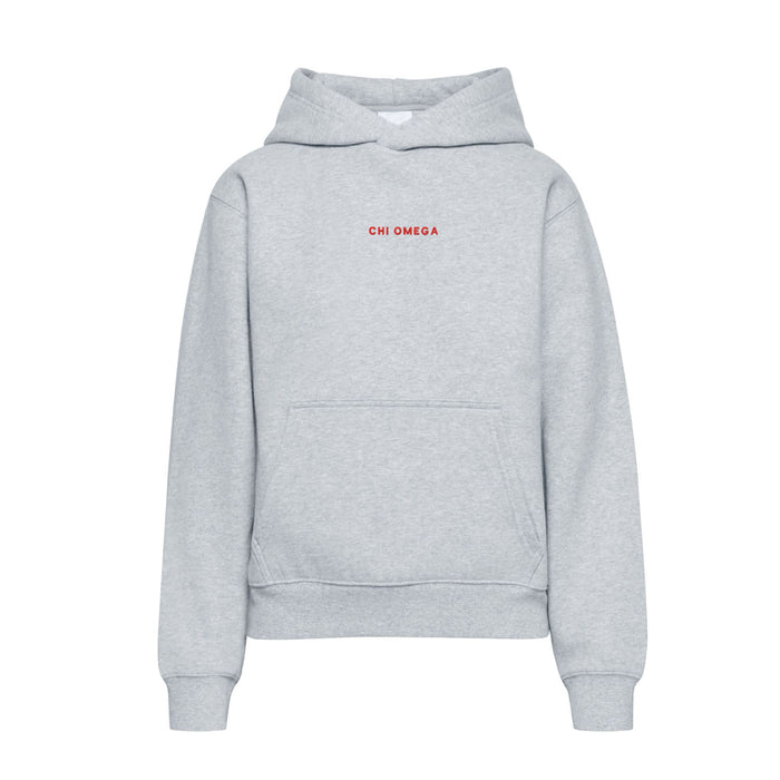 Gray fleece hoodie with Chi Omega red wordmark embroidery