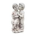 22nice4me Garden Statues antique white fibre clay sculpture of two children kissing with a small bouquet of flowers