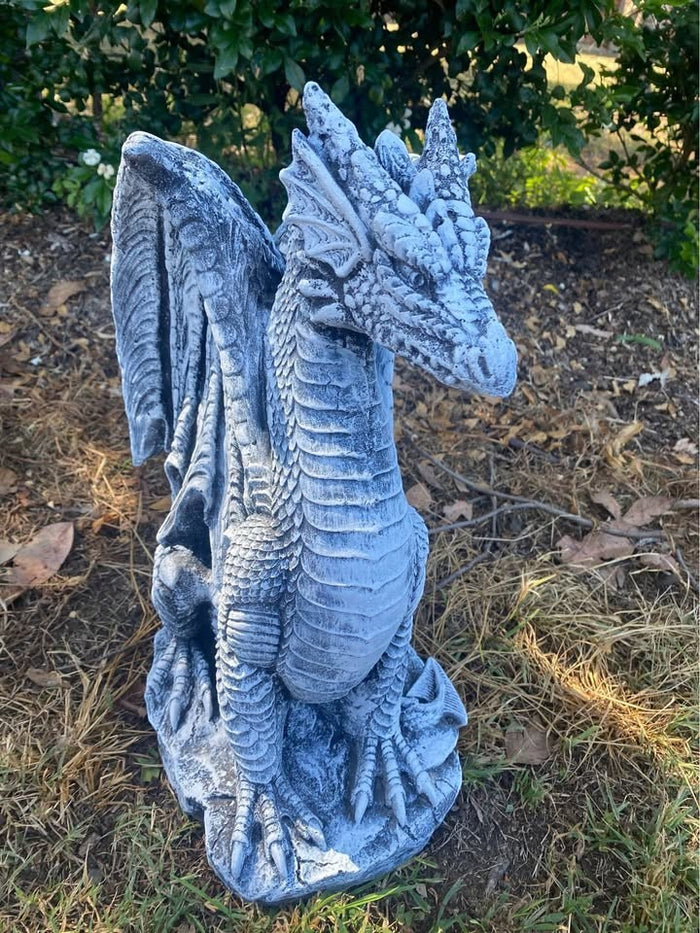 22nice4me Garden Statues concrete dragon ornament with detailed scales and weathered grey finish in a garden setting.