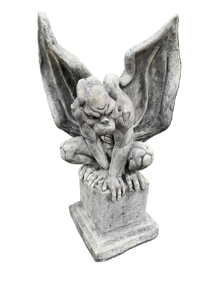22nice4me Garden Statues white concrete gargoyle figurine on a pedestal with an antique rustic finish for garden decor