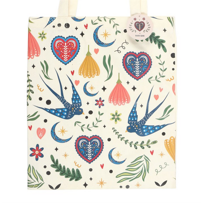 Cream Folk Print Polycotton Tote Bag