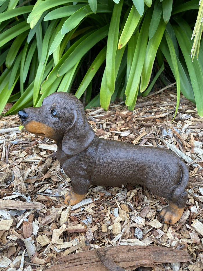 DACHSHUND SAUSAGE DOG MEMORIAL PUPPY ANIMAL GARDEN ORNAMENT BROWN 22cm