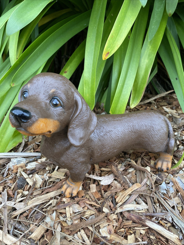 DACHSHUND SAUSAGE DOG MEMORIAL PUPPY ANIMAL GARDEN ORNAMENT BROWN 22cm
