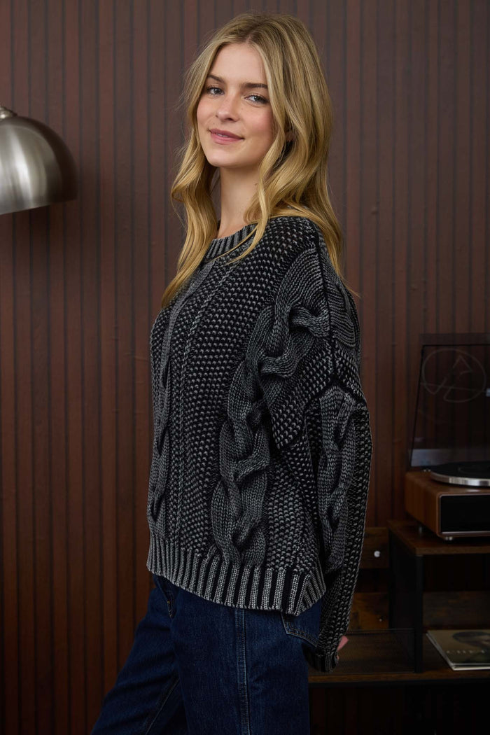 Danika Washed Cable Knit Pullover Sweater