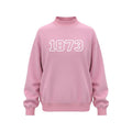 Front view of Delta Gamma pink mock neck sweatshirt with bold 1873 embroidery