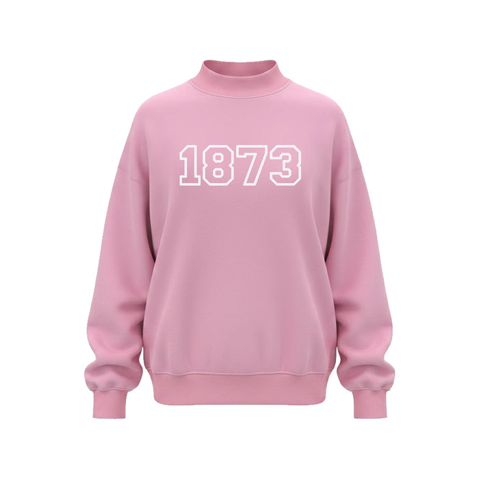 Front view of Delta Gamma pink mock neck sweatshirt with bold 1873 embroidery