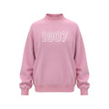 Pink Delta Sigma Pi sweatshirt with bold white 1907 embroidery