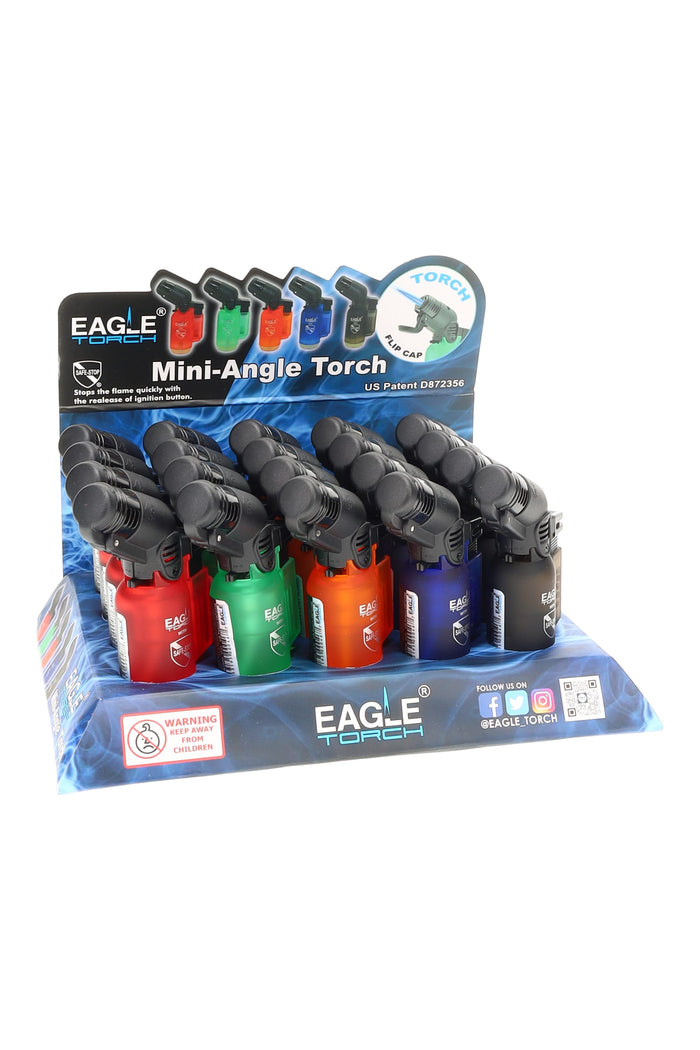 Eagle Mini-Angle Smart Cap torch lighters, 20-count display in assorted colors with angled nozzles and flip-cap covers, compact checkout set.