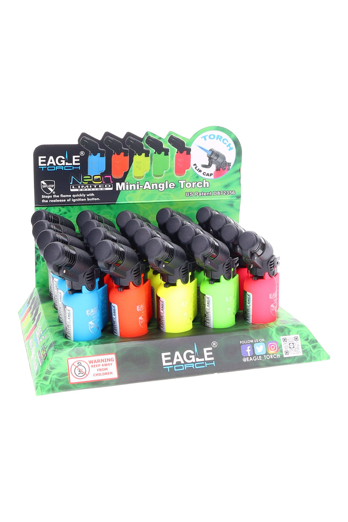 Retail display of 20 Eagle Mini Angle torch lighters in assorted neon colors with angled nozzles, compact countertop set for precise everyday lighting.