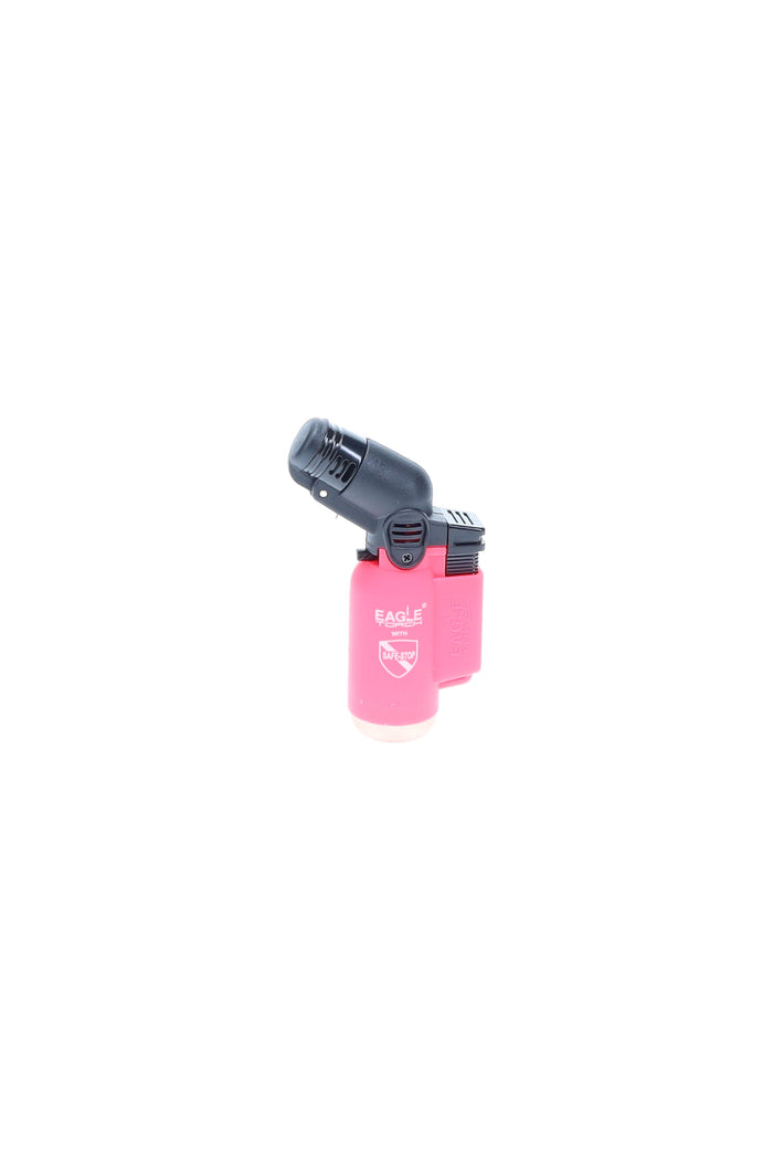 Single Eagle Mini Angle torch lighter in neon pink showing compact body and angled nozzle, clean studio product view centered on white.