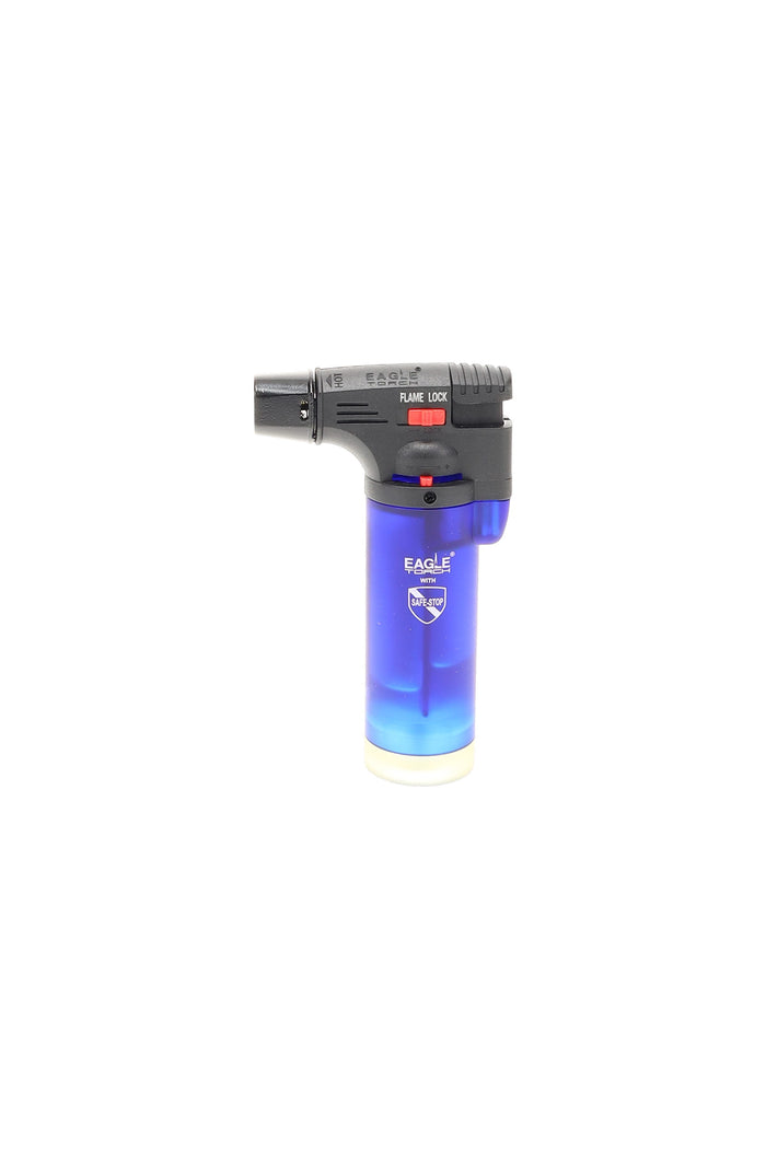 Single Eagle torch gun butane lighter with Safe-Stop flame lock, translucent blue body and black top; side profile on white.