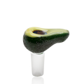 Side view of avocado glass bong bowl showing pebbled rind texture and 14.5 mm male ground-glass connector.