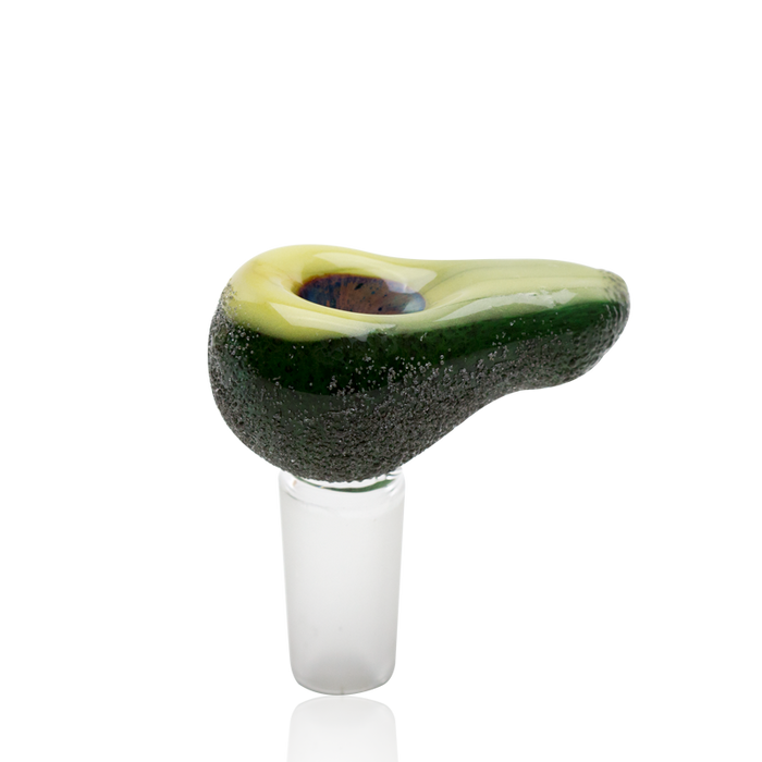 Side view of avocado glass bong bowl showing pebbled rind texture and 14.5 mm male ground-glass connector.