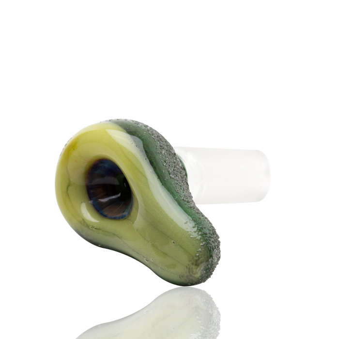 Angled front of green avocado bowl slide with recessed pit chamber and frosted 14.5 mm male joint.