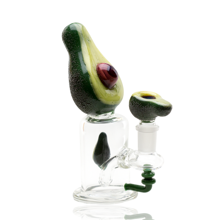 Side profile of 7″ glass mini rig with avocado mouthpiece, green coil joint, and 14.5 mm female connection
