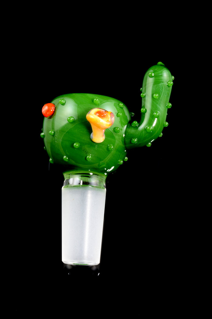 Cactus design glass bowl slide with side arm and flower accent, 14.5 mm male joint; close-up on black background.