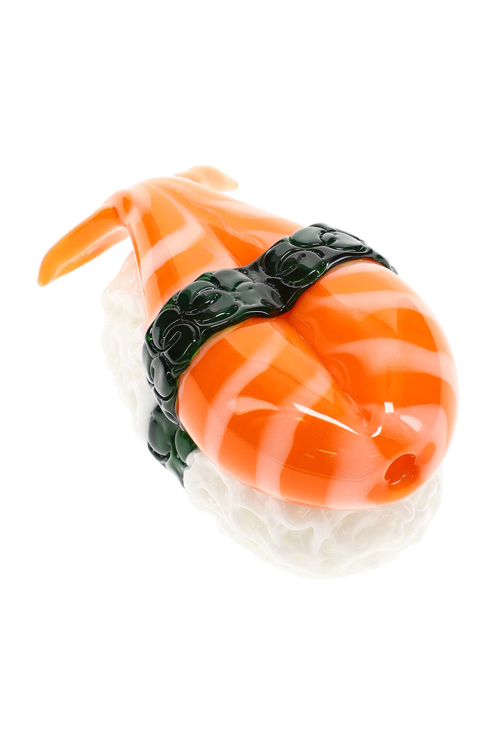 Empire Glassworks glass hand pipe shaped like shrimp nigiri sushi with white rice texture and orange topping