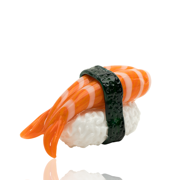 Top view of food-themed glass hand pipe showing shrimp topping, rice-style body, and hidden bowl opening