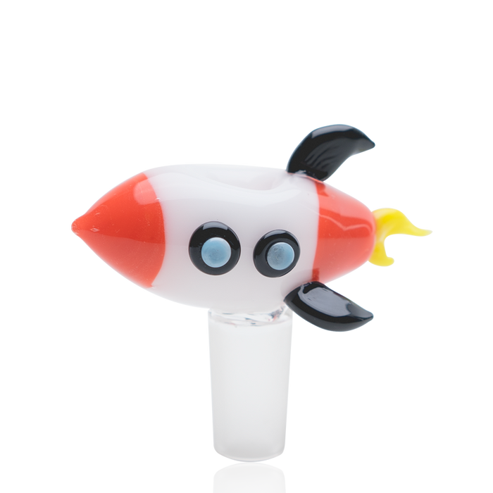 Rocket-themed glass bong bowl with 14.5 mm male joint, red and white body, black fins, and yellow flame detail on the tail.