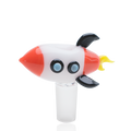 Rocket-themed glass bong bowl with 14.5 mm male joint, red and white body, black fins, and yellow flame detail on the tail.