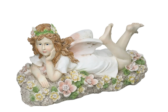 Fairy Fairies Statue Laying In A Bed Of Coloured Flowers Garden Ornament 52cm