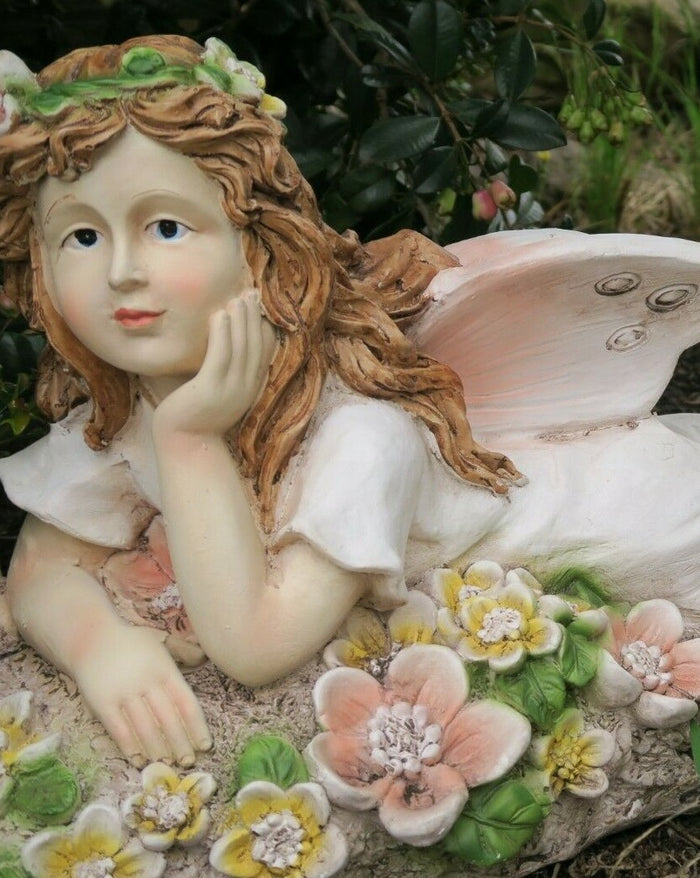 Fairy Fairies Statue Laying In A Bed Of Coloured Flowers Garden Ornament 52cm