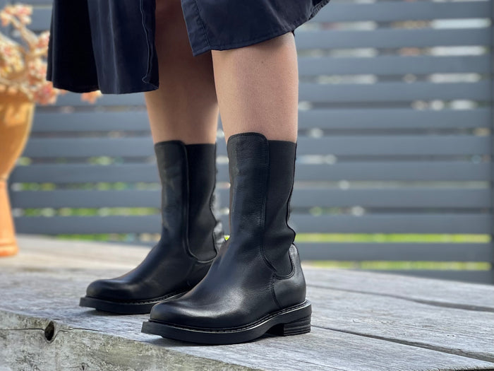 Women's boots, refined, pull on combat style, quality leather boot with elasticated gussets. European, hand made in Portugal. Stylish and comfortable ankle boot. Midcalf black boot.
