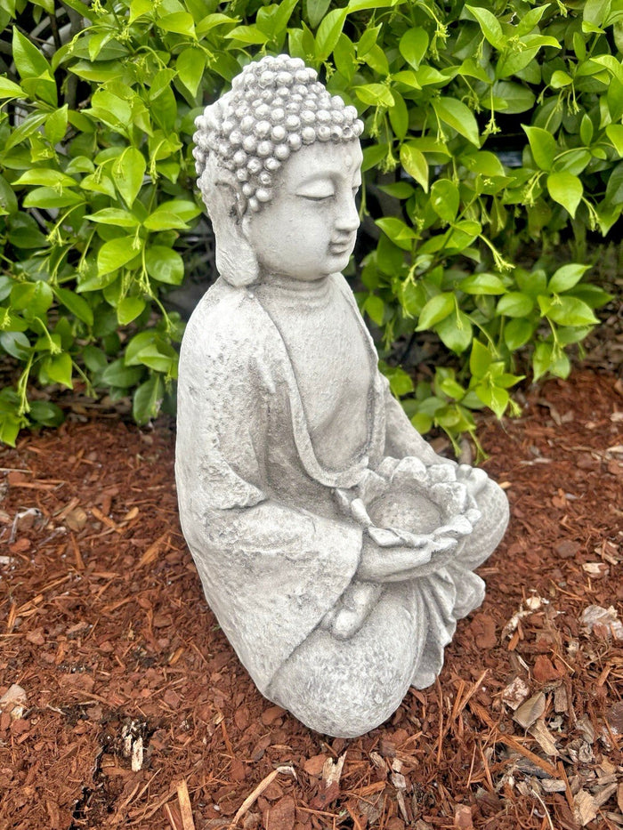 22nice4me Garden Statues meditating Buddha figurine with lotus flower, grey antique finish fiberglass resin decor