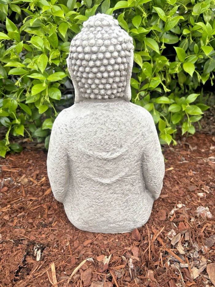 22nice4me Garden Statues meditating Buddha figurine with antique grey finish, viewed from the back in a garden