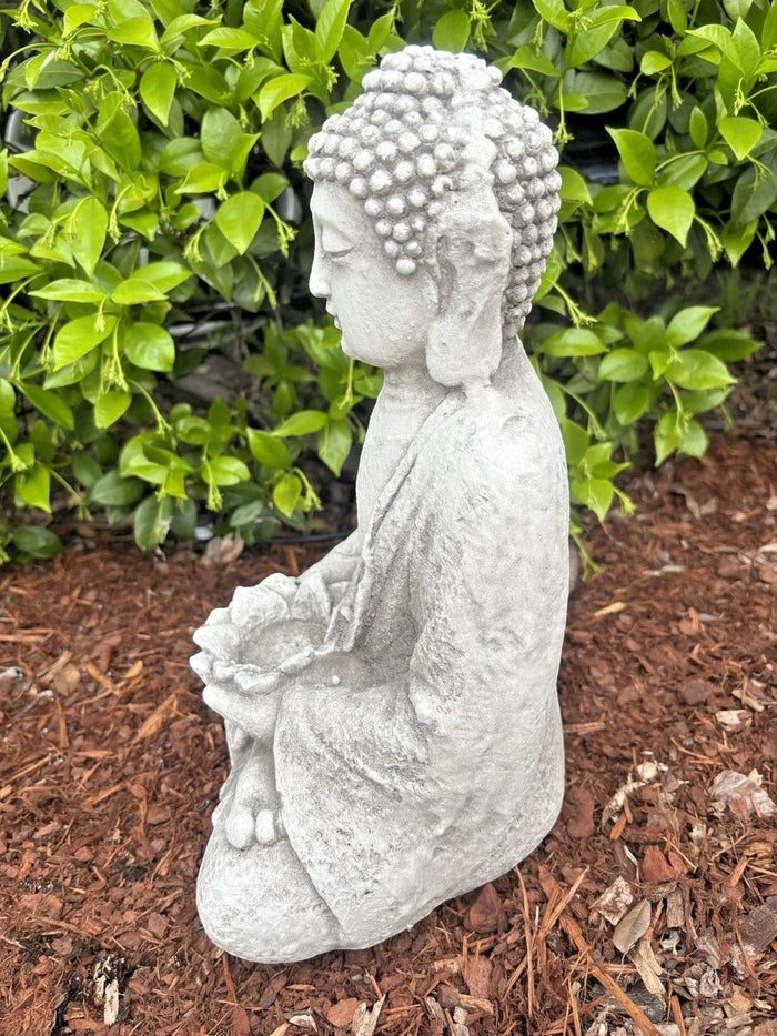 22nice4me Garden Statues meditating Buddha figurine with lotus flower, grey antique finish fiberglass resin, side view
