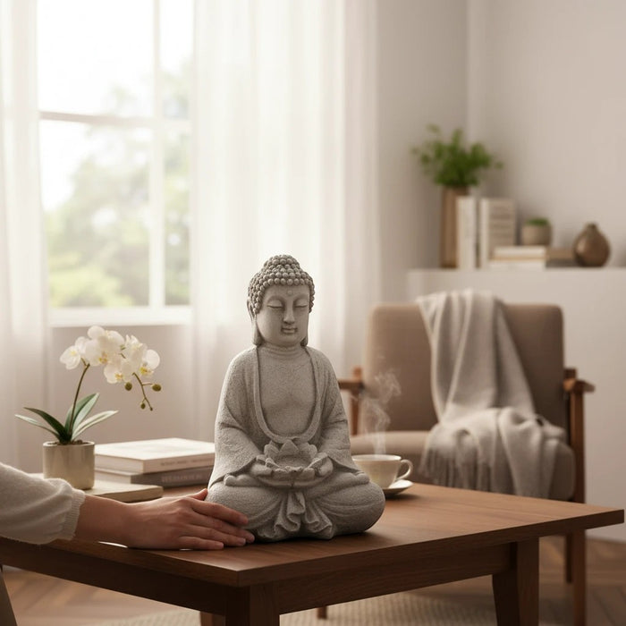 22nice4me Garden Statues meditating Buddha figurine in lotus pose with an antique stone finish on a wooden table