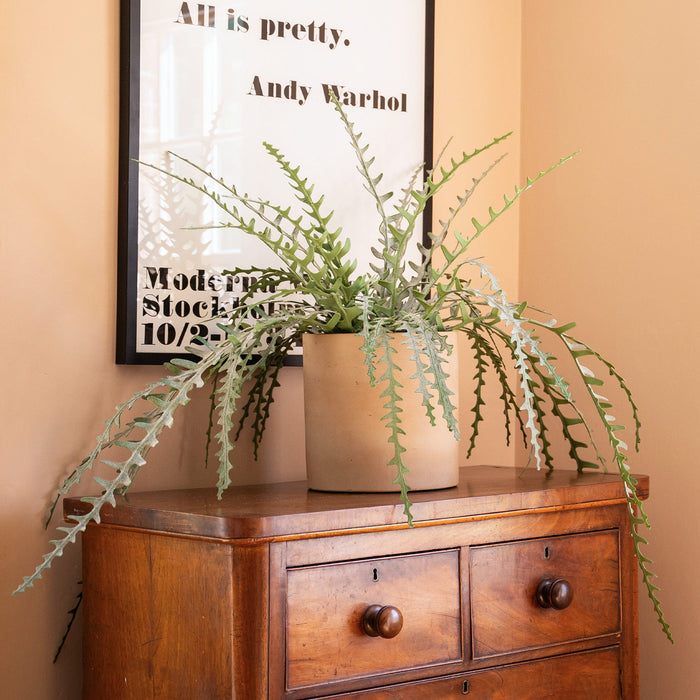 Wooden dresser with a potted plant and framed quote on a beige wall