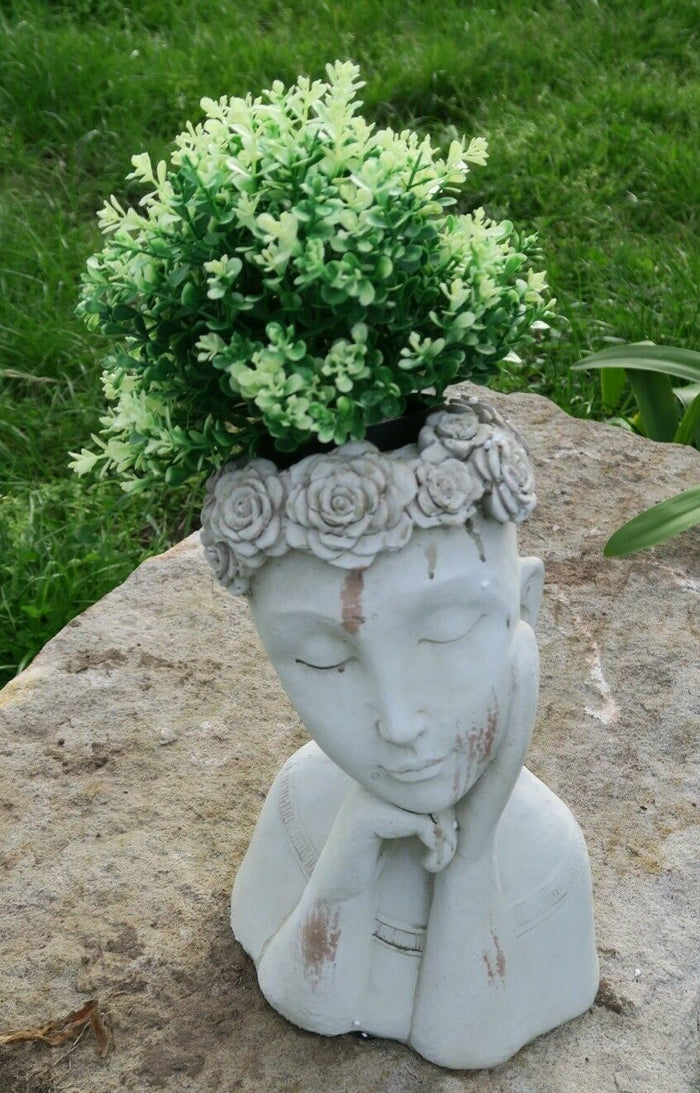 FLOWER GIRL PLANTER LADY FACE POT PLANTERS GARDEN PLANT FEATURE ANITQUE WHITE