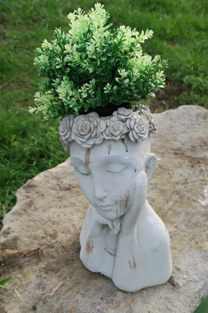 FLOWER GIRL PLANTER LADY FACE POT PLANTERS GARDEN PLANT FEATURE ANITQUE WHITE