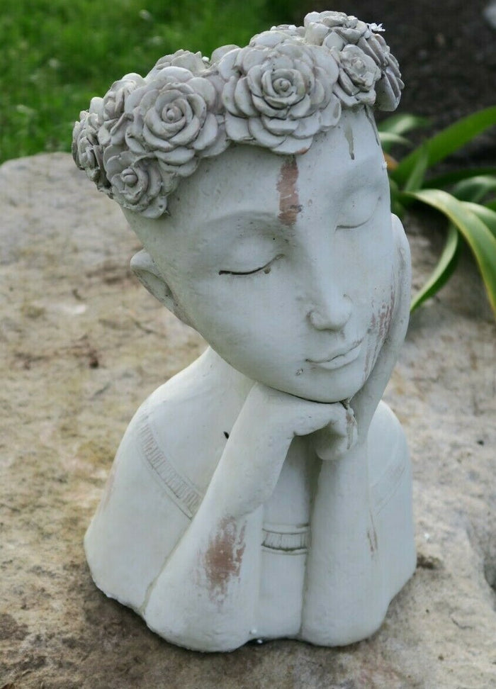 FLOWER GIRL PLANTER LADY FACE POT PLANTERS GARDEN PLANT FEATURE ANITQUE WHITE