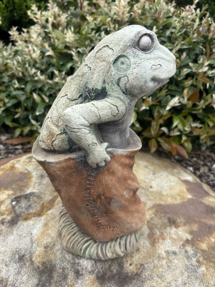22nice4me Garden Statues hand-painted concrete frog sitting in a textured brown potato sack for outdoor garden decor