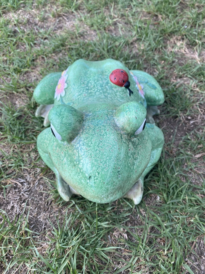 Frog With Lady Beetle & Flowers Garden Statue Ornament Figurine Home Decor