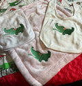 Gator baby gift set, baby Alligator embroidered bib, burp cloth, security blanket, baby shower gift