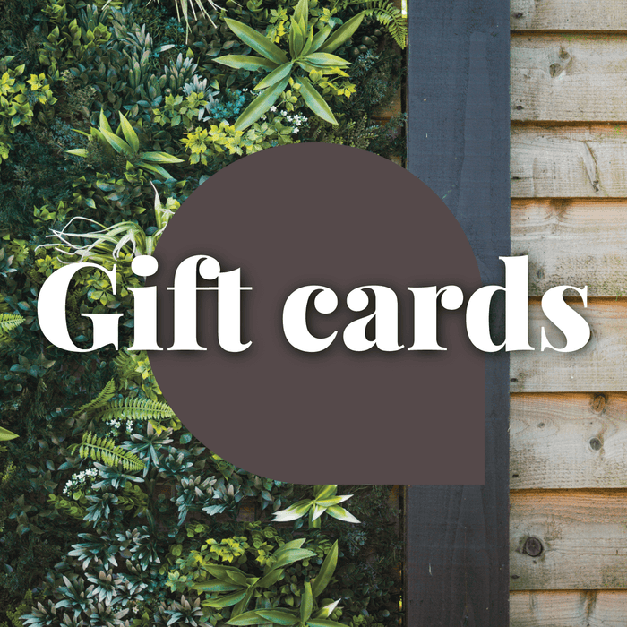 Gift cards text overlay on a greenwall backgroundnext to a wooden fence.