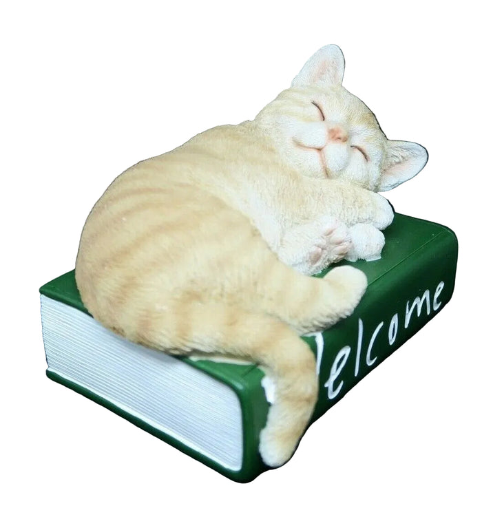 GINGER CAT KITTENS ASLEEP ON A GREEN BOOK ORNAMENT STATUE FIGURINE