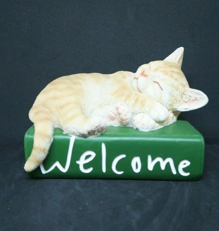 GINGER CAT KITTENS ASLEEP ON A GREEN BOOK ORNAMENT STATUE FIGURINE