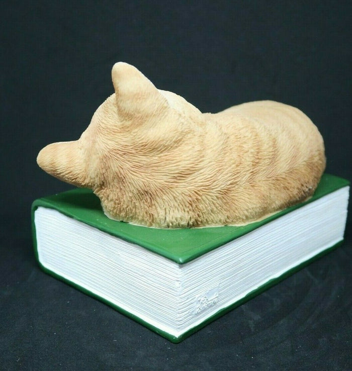 GINGER CAT KITTENS ASLEEP ON A GREEN BOOK ORNAMENT STATUE FIGURINE