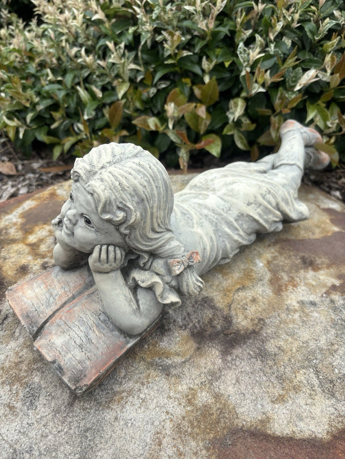 22nice4me Garden Statues concrete girl statue lying down reading a book, hand-painted garden ornament