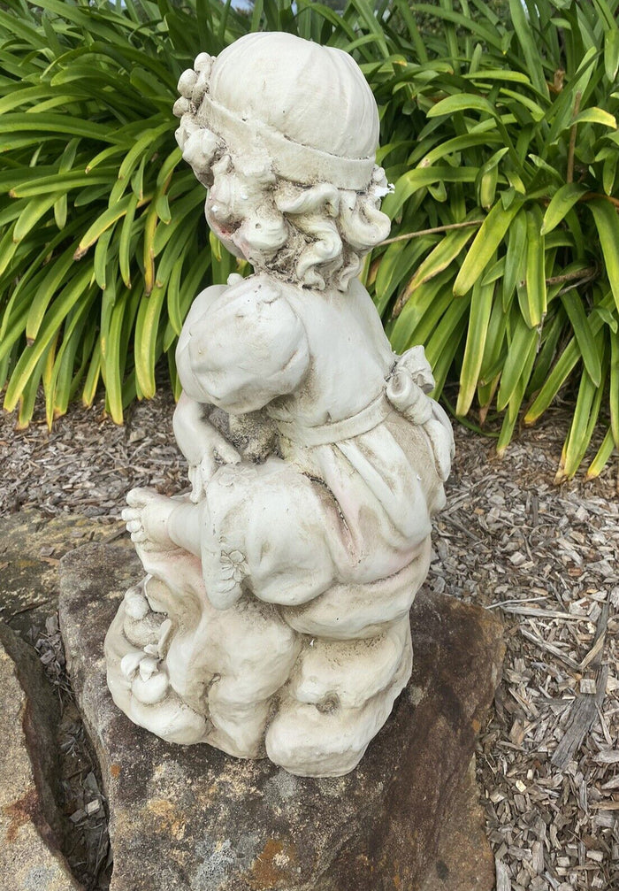 Girl Sitting with A Duck Garden Statue Figurine Ornament Children Antique White