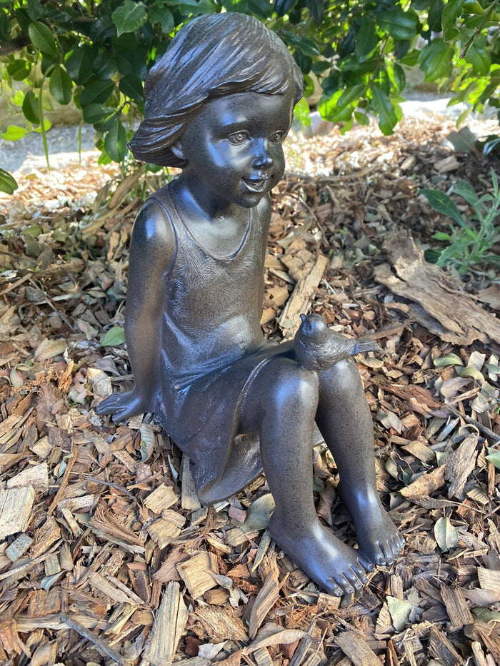 GIRL WITH BIRD ON HER KNEE GARDEN STATUE ORNAMENT FIGURINE