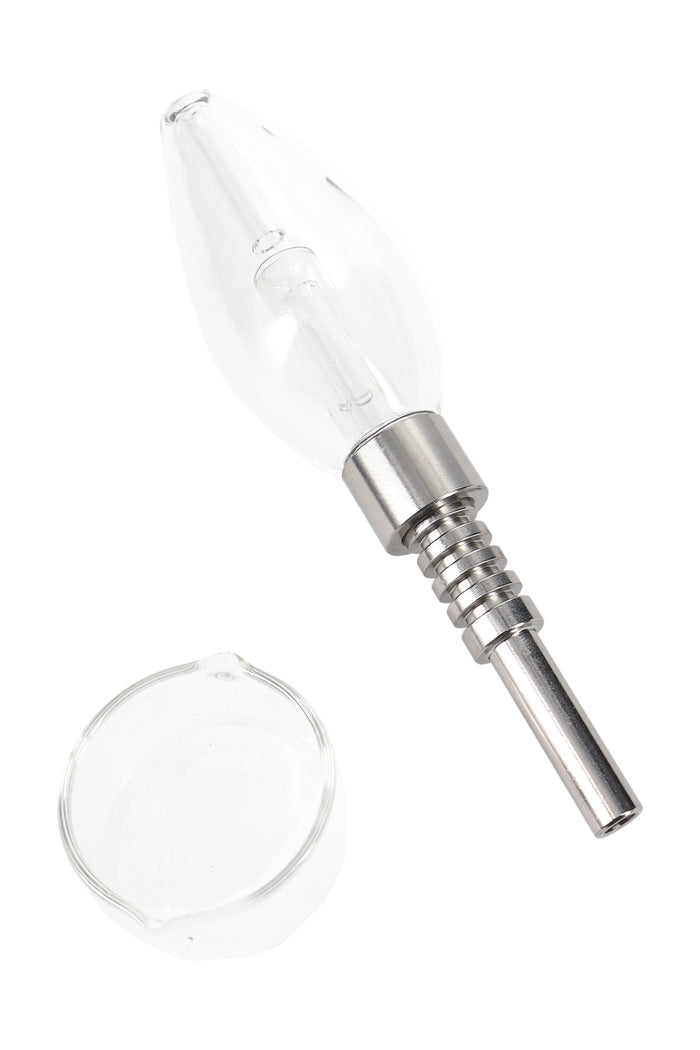 Small clear glass bulb concentrate straw with screw-on metal tip beside matching glass tray; compact 5½-inch design.